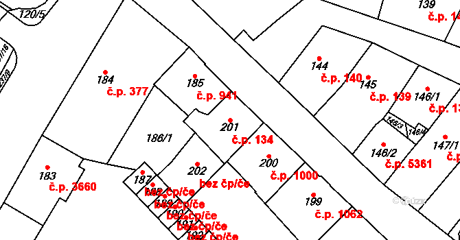 Chomutov 134 na parcele st. 201 v KÚ Chomutov I, Katastrální mapa