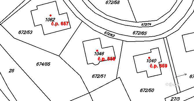 Prštné 658, Zlín na parcele st. 1046 v KÚ Prštné, Katastrální mapa