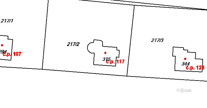 Krhanice 117 na parcele st. 315 v KÚ Krhanice, Katastrální mapa