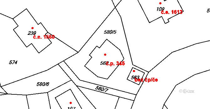 Bedřichov 345 na parcele st. 562 v KÚ Bedřichov u Jablonce nad Nisou, Katastrální mapa