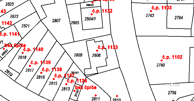 Bruntál 1133 na parcele st. 2808 v KÚ Bruntál-město, Katastrální mapa