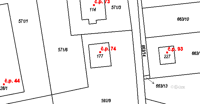 Šiškovice 74, Licibořice na parcele st. 177 v KÚ Licibořice, Katastrální mapa