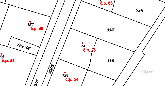Třibřichy 26 na parcele st. 74 v KÚ Třibřichy, Katastrální mapa