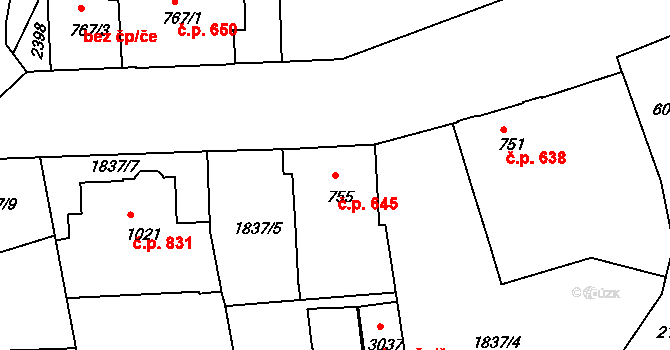 Slaný 645 na parcele st. 755 v KÚ Slaný, Katastrální mapa