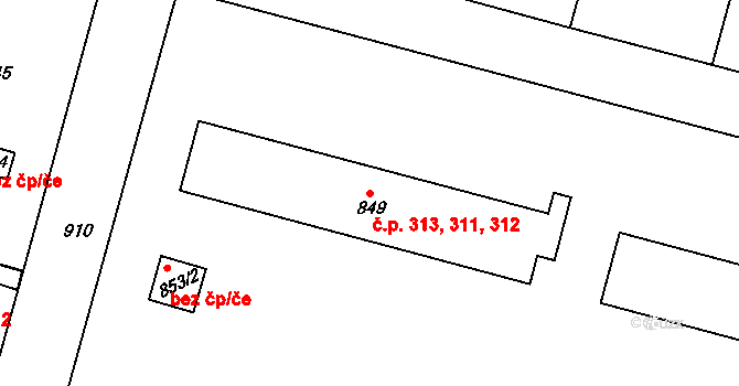 Bílovec 311,312,313 na parcele st. 849 v KÚ Bílovec-město, Katastrální mapa