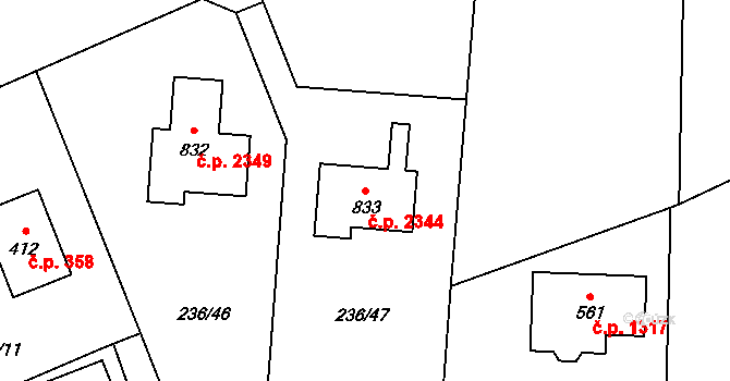 Nová Hospoda 2344, Kamenice na parcele st. 833 v KÚ Štiřín, Katastrální mapa