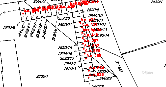 Hustopeče 257 na parcele st. 2590/15 v KÚ Hustopeče u Brna, Katastrální mapa