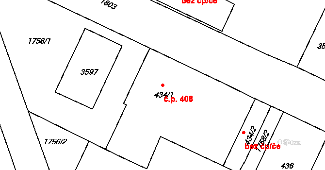 Nymburk 408 na parcele st. 434/1 v KÚ Nymburk, Katastrální mapa