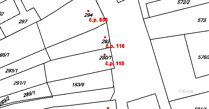 Šardice 115 na parcele st. 290/1 v KÚ Šardice, Katastrální mapa