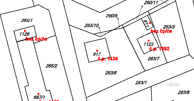 Švermov 1436, Kladno na parcele st. 917 v KÚ Hnidousy, Katastrální mapa