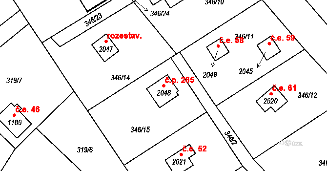 Ostravice 265 na parcele st. 2048 v KÚ Ostravice 1, Katastrální mapa