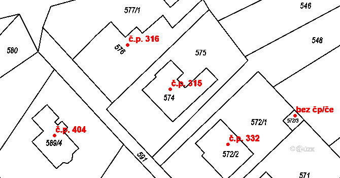 Křelov 315, Křelov-Břuchotín na parcele st. 574 v KÚ Křelov, Katastrální mapa