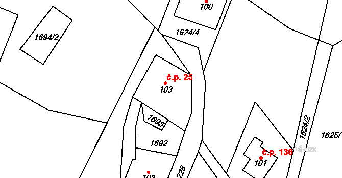 Bratrouchov 25, Jablonec nad Jizerou na parcele st. 103 v KÚ Bratrouchov, Katastrální mapa