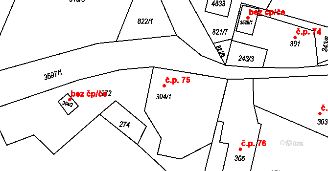 Rožnov pod Radhoštěm 75 na parcele st. 304/1 v KÚ Rožnov pod Radhoštěm, Katastrální mapa