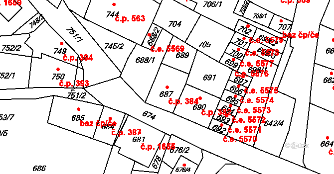 Kadaň 384 na parcele st. 687 v KÚ Kadaň, Katastrální mapa