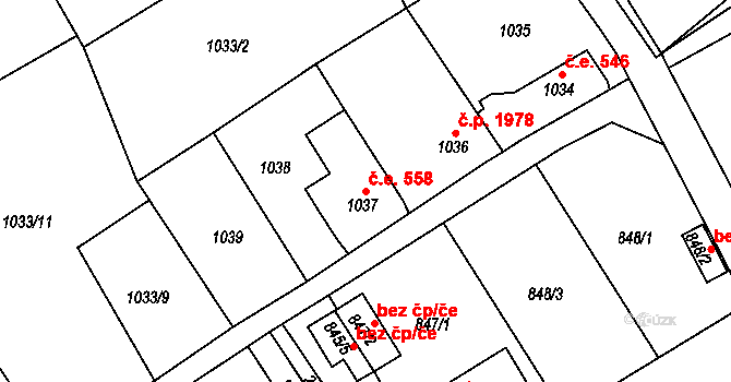 Trnovany 558, Teplice na parcele st. 1037 v KÚ Teplice-Trnovany, Katastrální mapa