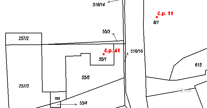 Hryzely 41, Barchovice na parcele st. 55/1 v KÚ Hryzely, Katastrální mapa