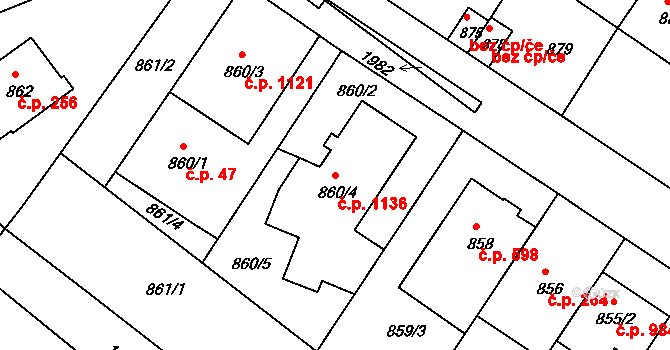 Podolí 1136, Praha na parcele st. 860/4 v KÚ Podolí, Katastrální mapa
