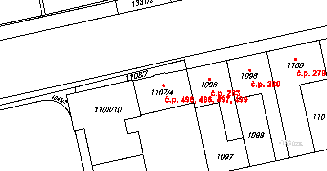 Vokovice 496,497,498,499, Praha na parcele st. 1107/4 v KÚ Vokovice, Katastrální mapa
