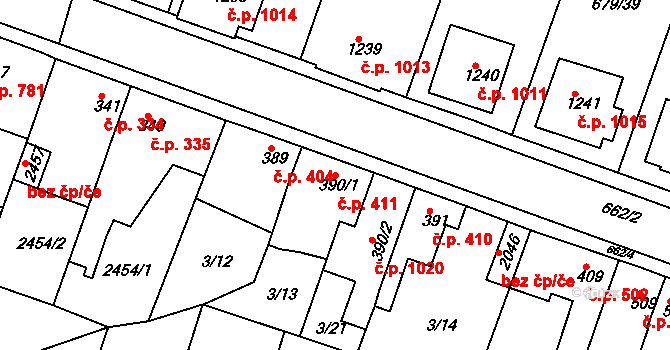 Rosice 411 na parcele st. 390/1 v KÚ Rosice u Brna, Katastrální mapa