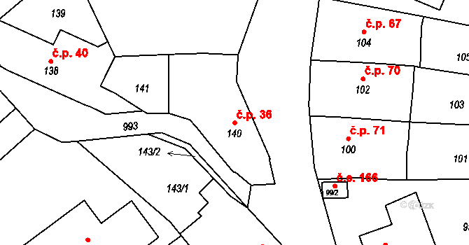 Řícmanice 36 na parcele st. 140 v KÚ Řícmanice, Katastrální mapa