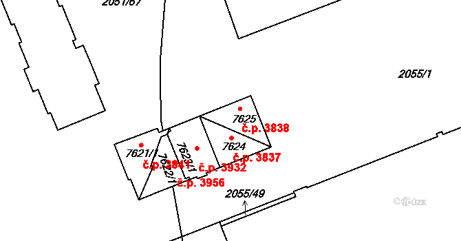 Hodonín 3838 na parcele st. 7625 v KÚ Hodonín, Katastrální mapa