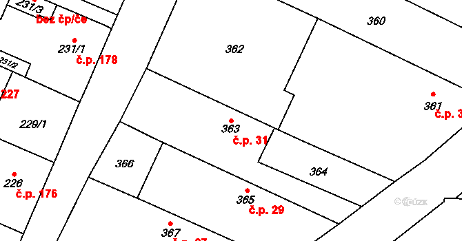 Chlebičov 31 na parcele st. 363 v KÚ Chlebičov, Katastrální mapa