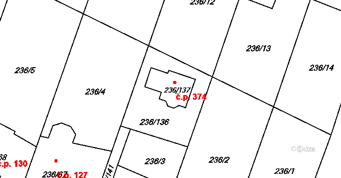 Bobrovníky 374, Hlučín na parcele st. 236/137 v KÚ Bobrovníky, Katastrální mapa