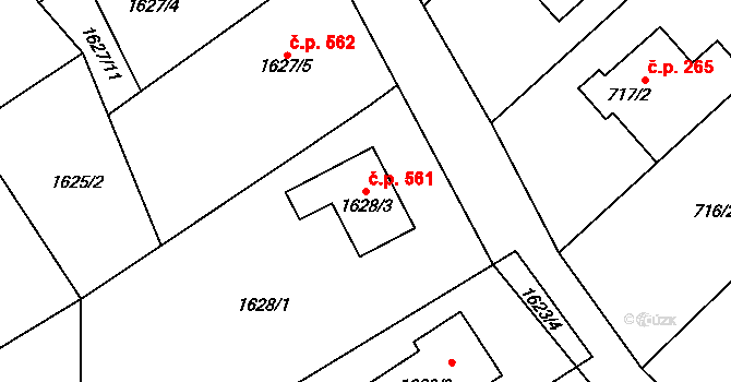 Želešice 561 na parcele st. 1628/3 v KÚ Želešice, Katastrální mapa