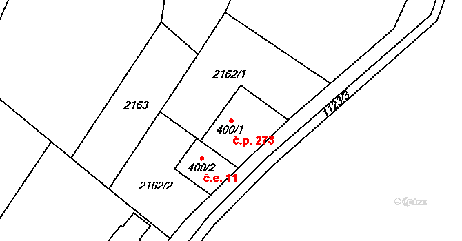 Hanušovice 273 na parcele st. 400/1 v KÚ Hanušovice, Katastrální mapa