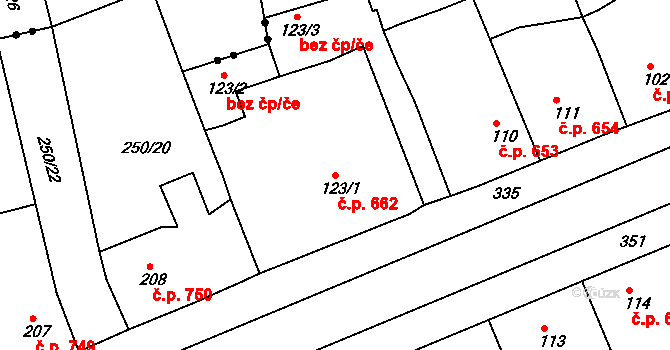 Rudná 662 na parcele st. 123/1 v KÚ Hořelice, Katastrální mapa