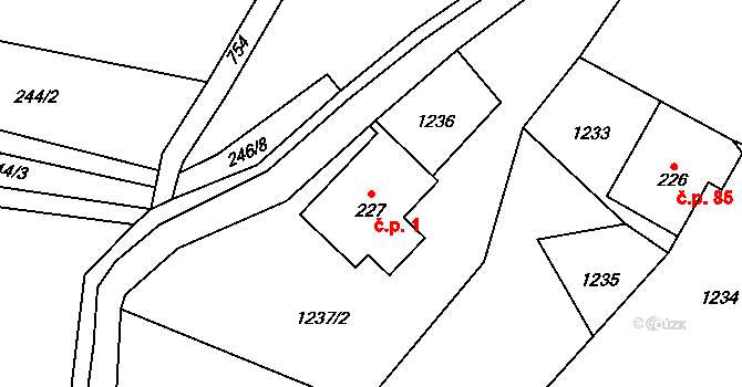 Hillův Mlýn 1, Kytlice na parcele st. 227 v KÚ Falknov, Katastrální mapa