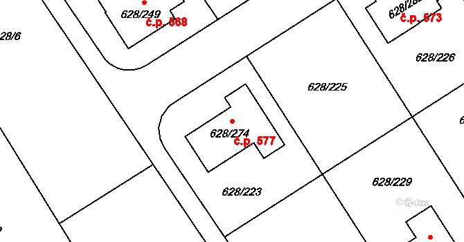 Hamry nad Sázavou 577 na parcele st. 628/274 v KÚ Hamry nad Sázavou, Katastrální mapa