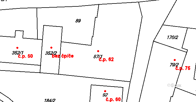 Tísek 62 na parcele st. 87/1 v KÚ Tísek, Katastrální mapa
