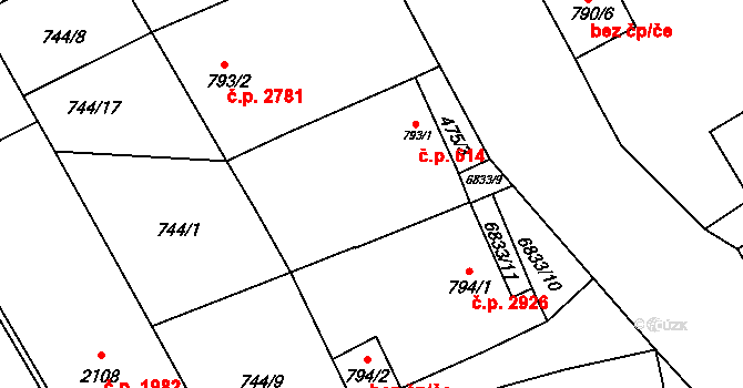 Žatec 614 na parcele st. 793/1 v KÚ Žatec, Katastrální mapa