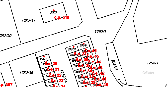Libouchec 46 na parcele st. 506/9 v KÚ Libouchec, Katastrální mapa