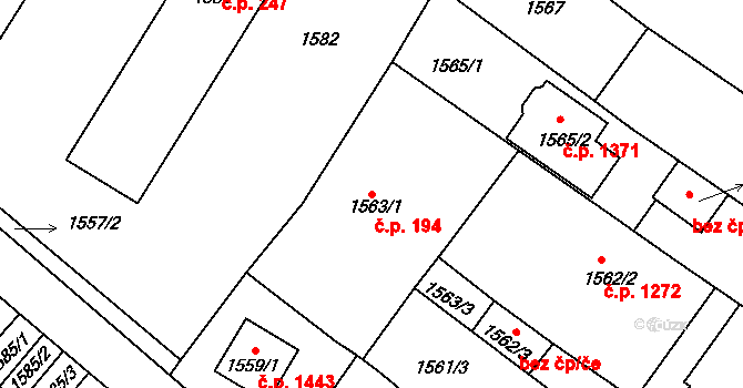 Hustopeče 194 na parcele st. 1563/1 v KÚ Hustopeče u Brna, Katastrální mapa