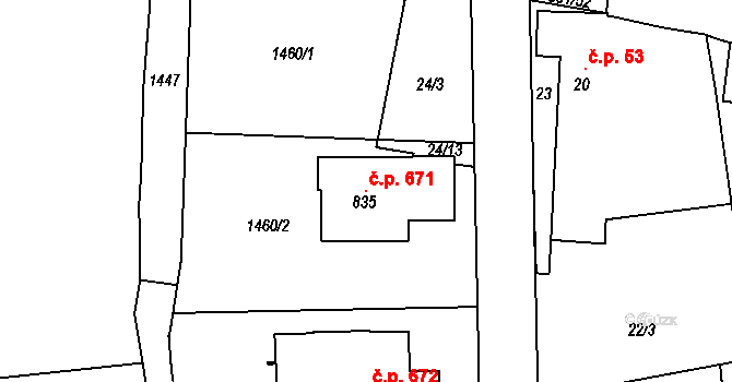 Vysoká nad Labem 671 na parcele st. 835 v KÚ Vysoká nad Labem, Katastrální mapa