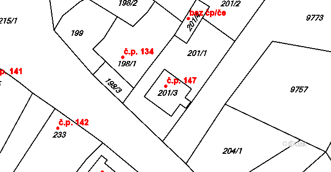 Oleksovice 147 na parcele st. 201/3 v KÚ Oleksovice, Katastrální mapa