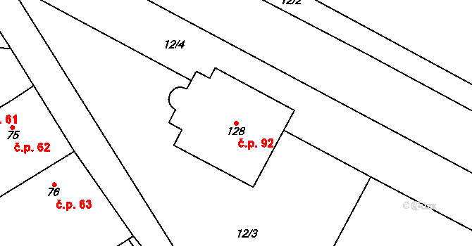 Uherčice 92 na parcele st. 128 v KÚ Uherčice u Znojma, Katastrální mapa