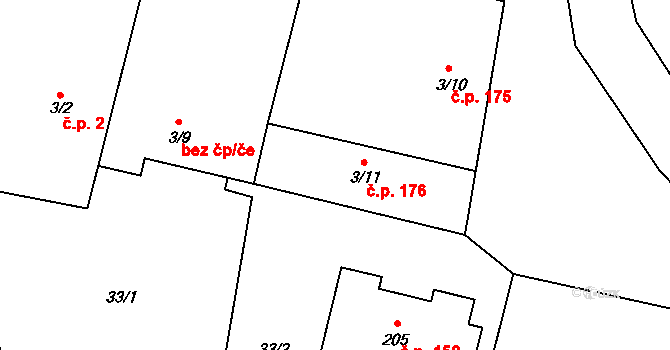 Běrunice 176 na parcele st. 3/11 v KÚ Běrunice, Katastrální mapa