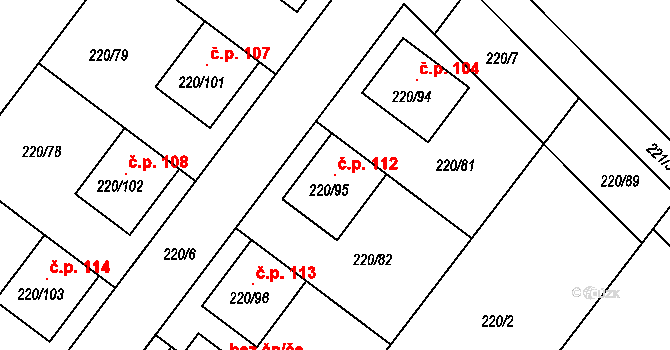 Břuchotín 112, Křelov-Břuchotín na parcele st. 220/95 v KÚ Břuchotín, Katastrální mapa