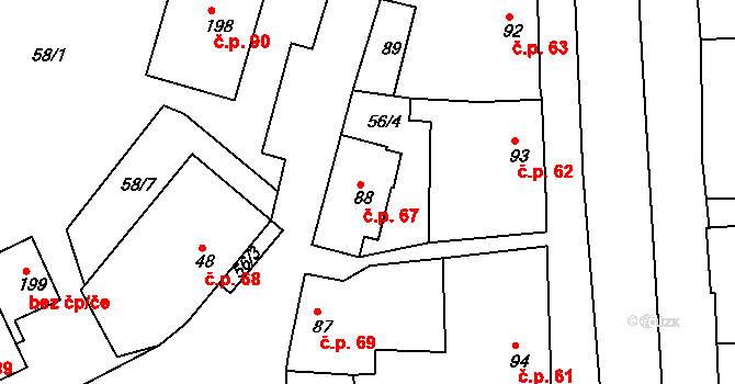 Valeč 67 na parcele st. 88 v KÚ Valeč v Čechách, Katastrální mapa