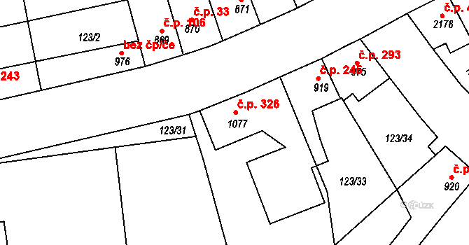 Telč-Štěpnice 326, Telč na parcele st. 1077 v KÚ Telč, Katastrální mapa