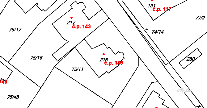 Radošovice 146, Říčany na parcele st. 216 v KÚ Říčany-Radošovice, Katastrální mapa