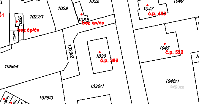 Doksy 306 na parcele st. 1033 v KÚ Doksy u Máchova jezera, Katastrální mapa