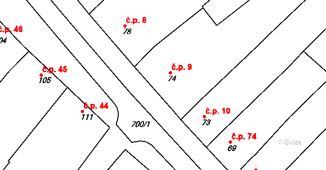 Skoronice 9 na parcele st. 74 v KÚ Skoronice, Katastrální mapa