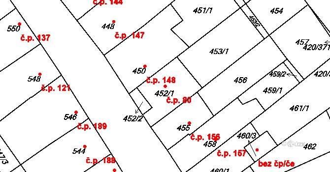 Zarazice 80, Veselí nad Moravou na parcele st. 452/1 v KÚ Zarazice, Katastrální mapa