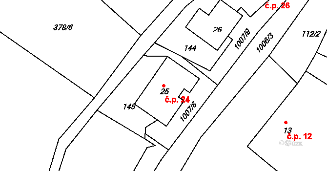 Sedm Dvorů 24, Moravský Beroun na parcele st. 25 v KÚ Sedm Dvorů, Katastrální mapa