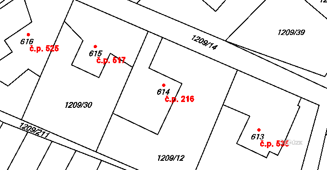Kunčice pod Ondřejníkem 216 na parcele st. 614 v KÚ Kunčice pod Ondřejníkem, Katastrální mapa